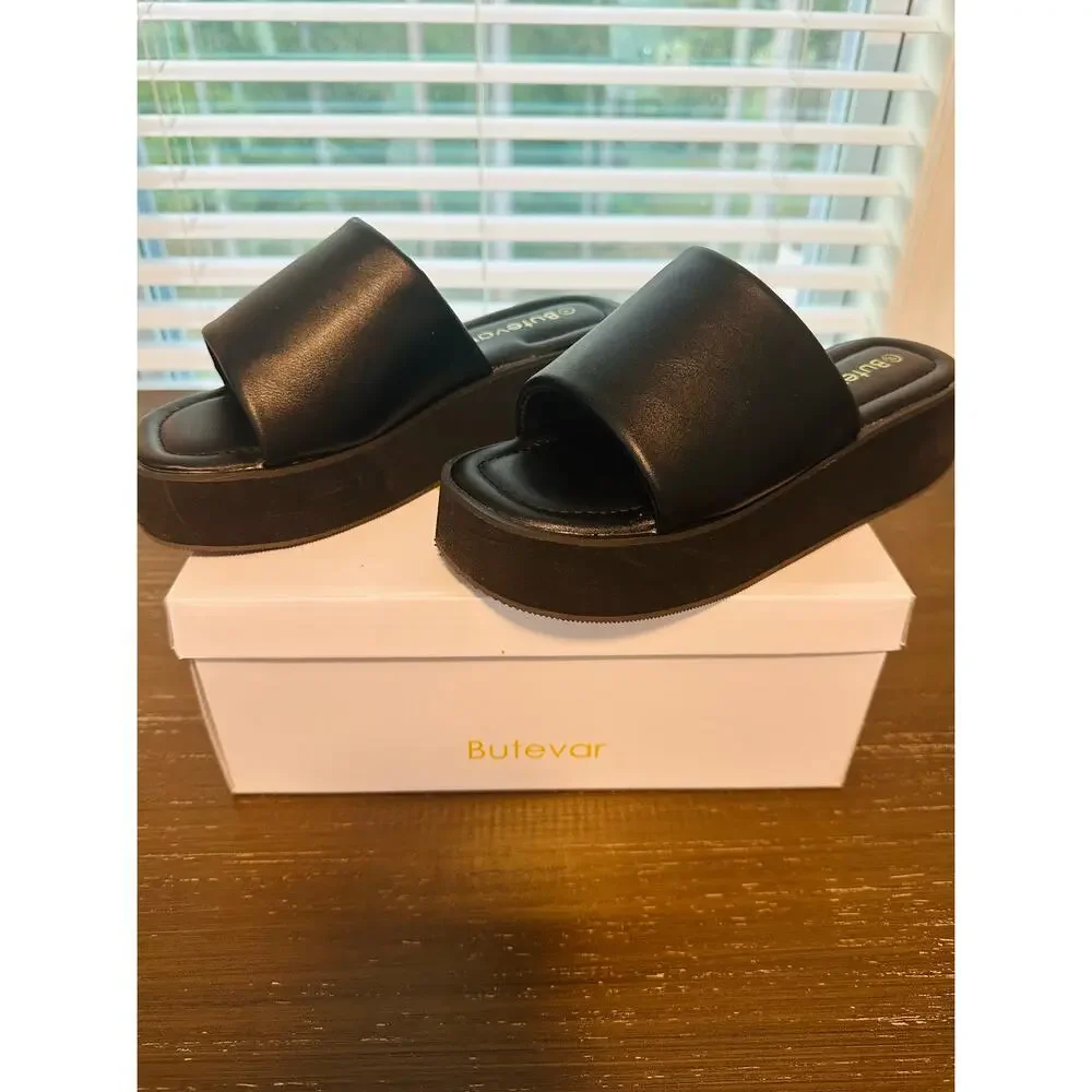 Chunky Platform Sandals Women’s 7 Black Open Toe Platform Slides Y2K Wedge NWT